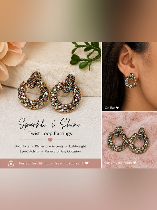 Jewelry - Sparkle & Shine Gold Twist Loop Earrings with Multicolor Rhinestones
